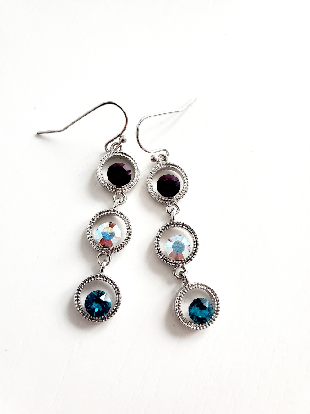 Silver Triple-Stone Drop Earrings with Purple, Aurora, and Teal Crystals